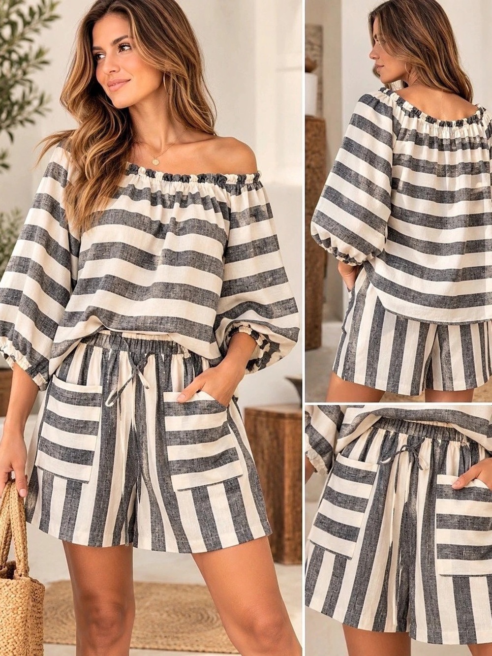 Who What Wear Crosswalk Stripe Print shorts & Blouse Black & Cream Medium